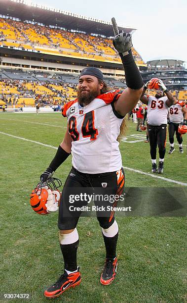 Domata Peko of the Cincinnati Bengals celebrates defeating the Pittsburgh Steelers at Heinz Field on November 15, 2009 in Pittsburgh, Pennsylvania....