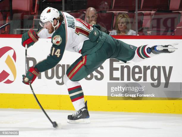 Martin Havlat of the Minnesota Wild fires a shot during a NHL game against the Carolina Hurricanes on November 15, 2009 at RBC Center in Raleigh,...