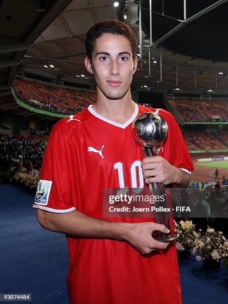 Nassim Ben Khalifa of Switzerland is pictured with the Silver Ball Trophy after the FIFA U17 World Cup Final between Switzerland and Nigeria at the...