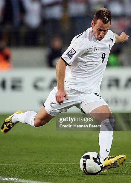 Shane Smeltz of the All Whites kicks the ball through during the FIFA World Cup Asian Qualifying match between New Zealand and Bahrain at Westpac...