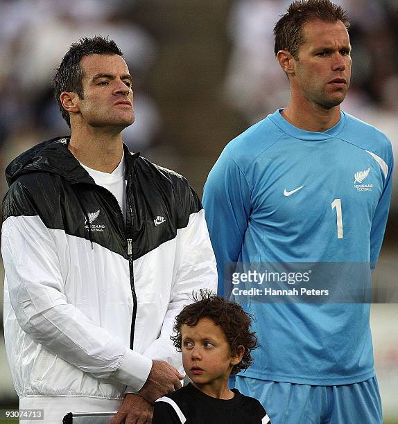 Ryan Nelsen and Mark Paston of the All Whites sing the national anthem before the FIFA World Cup Asian Qualifyng match between New Zealand and...