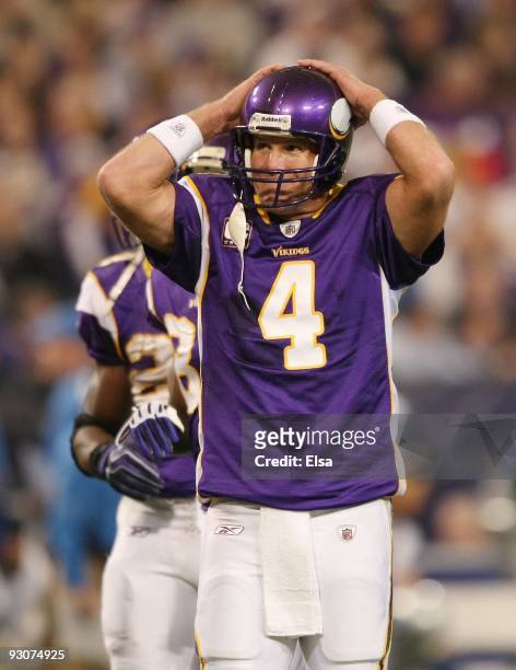 Brett Favre of the Minnesota Vikings watches as they measure in the first quarter against the Detroit Lions on November 15, 2009 at Hubert H....