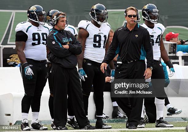 Head coach Jack Del Rio of the Jacksonville Jaguars looks on against the New York Jets on November 15, 2009 at Giants Stadium in East Rutherford, New...