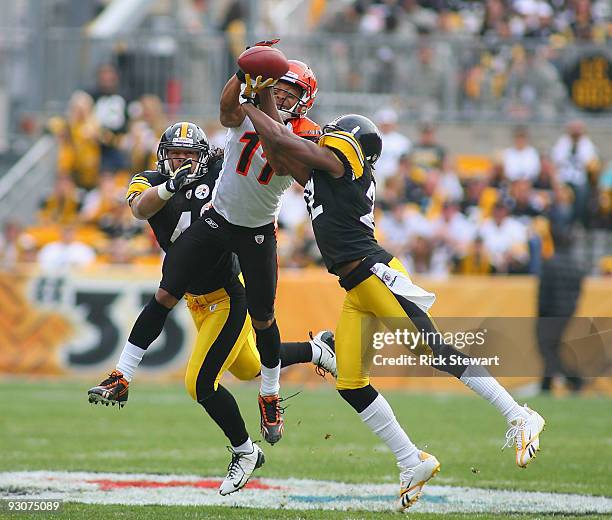 Troy Polamalu and William Gay of the Pittsburgh Steelers break up a pass intended for Laveranues Coles of the Cincinnati Bengals at Heinz Field on...