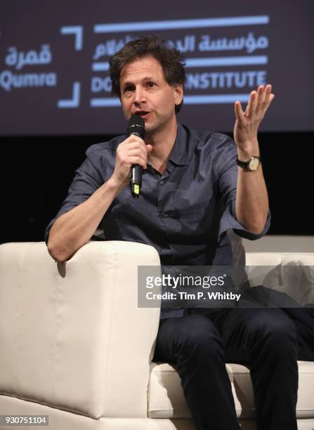 Qumra master, director Bennett Miller speaks on stage during a Masterclass on day four of Qumra, the fourth edition of the industry event by the Doha...