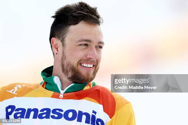 Simon Patmore of Australia looks on after winning the gold medal in SB-UL Snowboard Cross at Jeongseon Alpine Centre on Day 2 of the PyeongChang 2018...