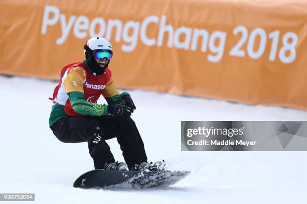 Simon Patmore of Australia celebrates winning the Gold medal in the Men's Snowboard Cross SB-UL during day three of the PyeongChang 2018 Paralympic...