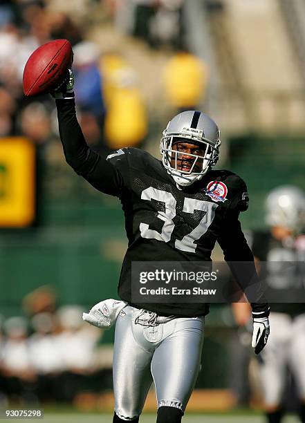 Chris Johnson of the Oakland Raiders celebrates after intercepting the ball during their game against the Kansas City Chiefs at Oakland-Alameda...