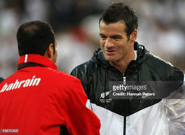 Ryan Nelsen of the All Whites shakes hands wth Salman Ismaeel Omar of Bahrain before the FIFA World Cup Asian Qualifying match between New Zealand...