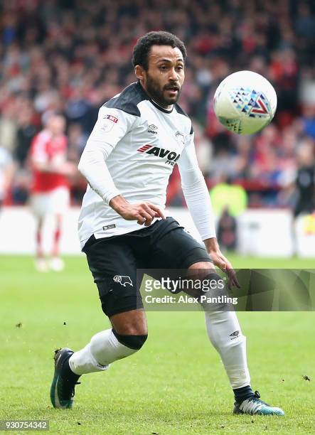 Ikechi Anya of Derby County runs with the ball during the Sky Bet Championship match between Nottingham Forest and Derby County at City Ground on...