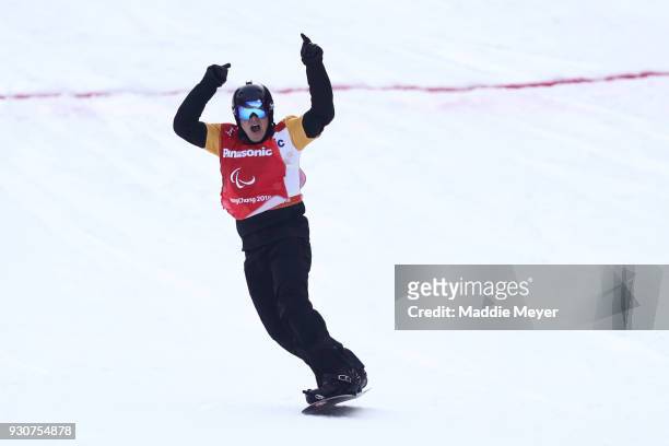 Matti Suur-Hamari of Finland celebrates winning the Gold medal in the Men's Snowboard Cross SB-LL2 during day three of the PyeongChang 2018...