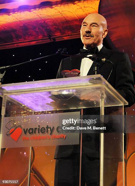 Patrick Stewart addresses the audience during the Variety Club Showbiz Awards at the Grosvenor House on November 15, 2009 in London, England.