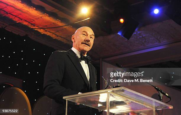 Patrick Stewart addresses the audience during the Variety Club Showbiz Awards at the Grosvenor House on November 15, 2009 in London, England.