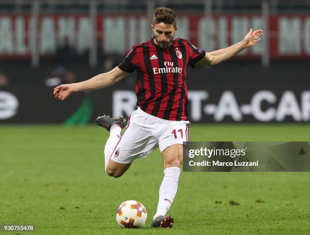 Fabio Borini of AC Milan in action during UEFA Europa League Round of 16 match between AC Milan and Arsenal at the San Siro on March 8, 2018 in...