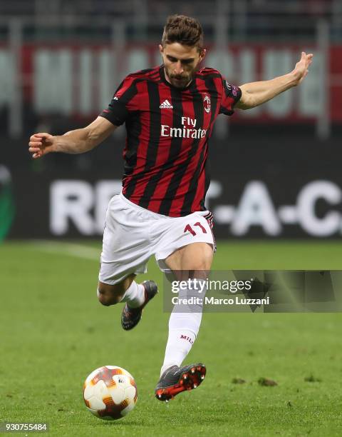 Fabio Borini of AC Milan in action during UEFA Europa League Round of 16 match between AC Milan and Arsenal at the San Siro on March 8, 2018 in...