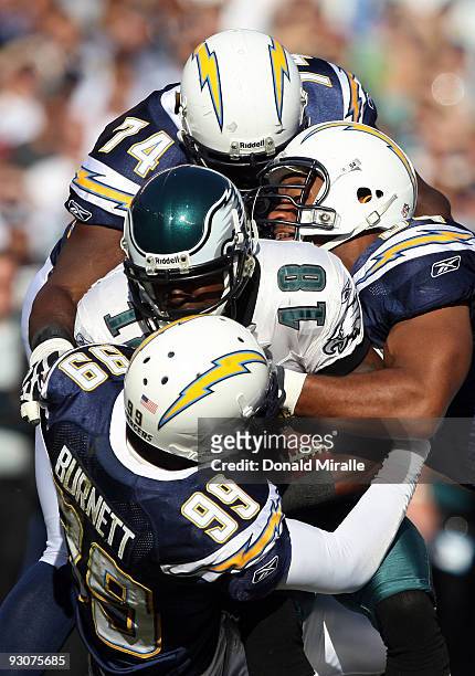 Wide Receiver Jeremy Maclin of the Philadelphia Eagels is tackeld by the San Diego Charger Defense during the NFL football game on November 15, 2009...