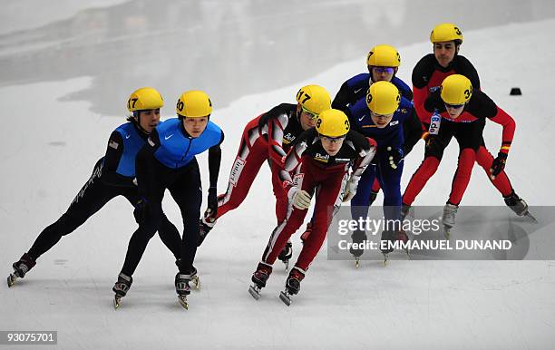 Speed skaters from the US, Canada, South Korea and Germany compete in the men's 5,000m relay final at the ISU World Cup short track speed skating...