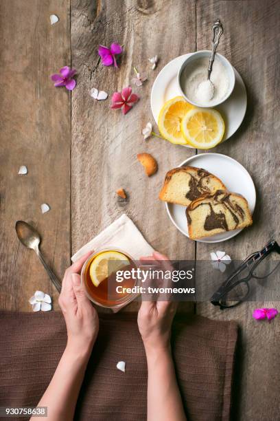 overhead view of tea break food and drink table top image. - timber yard stock pictures, royalty-free photos & images