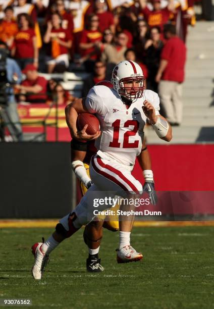 Quarterback Andrew Luck of the Stanford Cardinal carries the ball during the game with the USC Trojans on November 14, 2009 at the Los Angeles...
