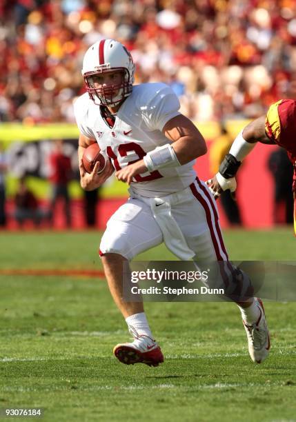 Quarterback Andrew Luck of the Stanford Cardinal carries the ball during the game with the USC Trojans on November 14, 2009 at the Los Angeles...