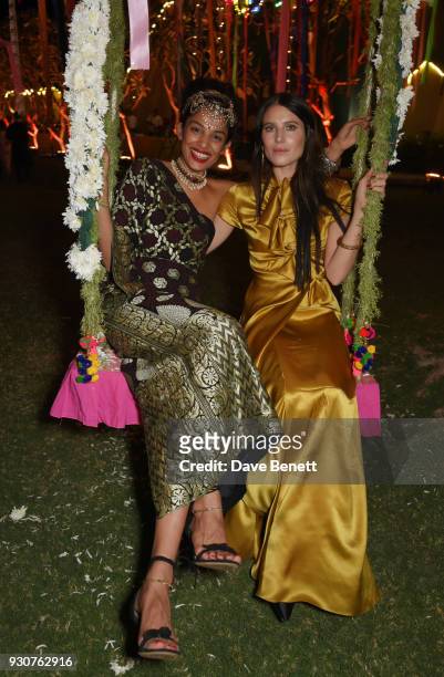 Designer Saloni Lodha and Dree Hemingway attend the Holi Saloni celebrations in the RAAS Devigarh on March 9, 2018 in Udaipur, India.