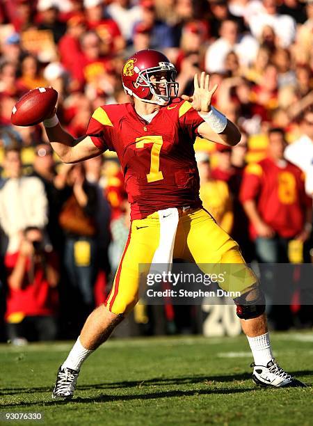 Quarterback Matt Barkley of the USC Trojans throws a pass against the Stanford Cardinal on November 14, 2009 at the Los Angeles Coliseum in Los...