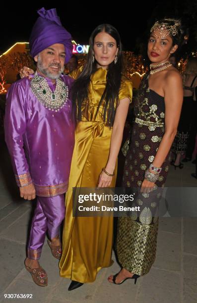 Carlos Mota, Dree Hemingway and designer Saloni Lodha attend the Holi Saloni celebrations in the RAAS Devigarh on March 9, 2018 in Udaipur, India.