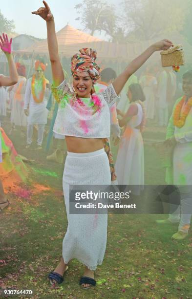 Jessica Hart attends the Holi Saloni celebrations in the RAAS Devigarh on March 10, 2018 in Udaipur, India.