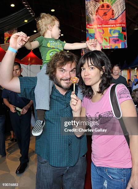 Actor Jack Black, wife musician Tanya Haden, and son Samuel attend P.S. Arts Express Yourself 2009 at Barker Hangar at the Santa Monica Airport on...