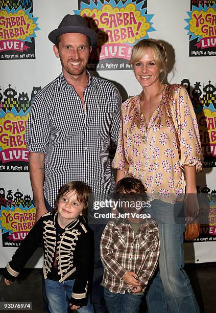 Actress Monet Mazur , husband Alex De Rakoff and kids pose during the Yo Gabba Gabba! : "There's A Party In My City" Live at The Shrine Auditorium on...