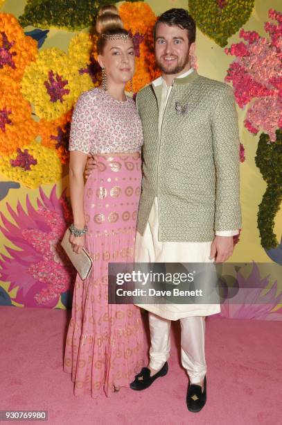 Caroline Rupert and Hickman Bacon attend the Holi Saloni celebrations in the RAAS Devigarh on March 9, 2018 in Udaipur, India.