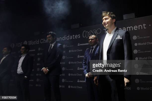 Russian chess Grandmaster Sergey Karjakin on stage with other candidates during the opening ceremony of the 2018 World Chess Candidates Tournament on...