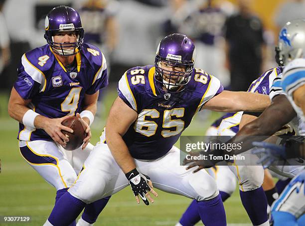 John Sullivan of the Minnesota Vikings pass blocks during an NFL game against the Detroit Lions at the Mall of America Field at Hubert H. Humphrey...