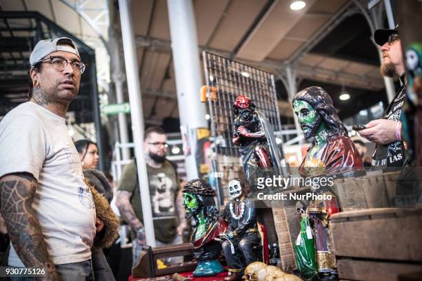 Man with tattoo during the Paris Tattoo Convention on March 10, 2018 at the Grand Halle de la Villette in Paris. The 8th edition of the Mondial du...