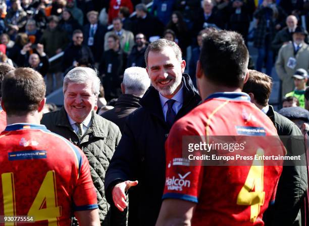 King Felipe of Spain and Inigo Mendez de Vigo attend the Men's 2108 Rugby Europe International Championships match Spain vs. Germany at Complutense...