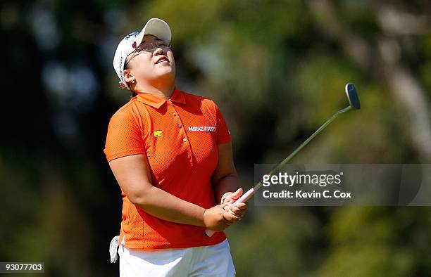 Jiyai Shin of South Korea reacts after missing her birdie putt on the first green during the final round of the Lorena Ochoa Invitational Presented...