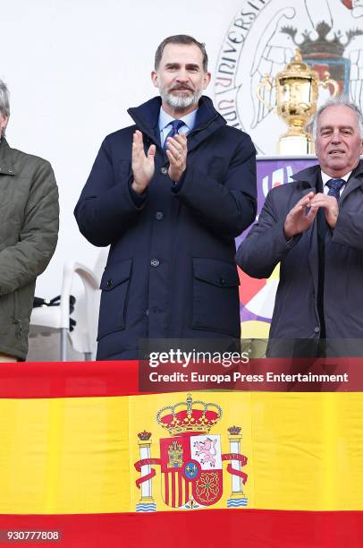 King Felipe of Spain attends the Men's 2108 Rugby Europe International Championships match Spain vs. Germany at Complutense University's Central...