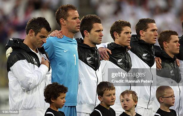 The All Whites line up for the national anthem before the FIFA World Cup Asian Qualifying match between New Zealand and Bahrain at Westpac Stadium on...