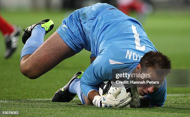 Mark Paston of the All Whites saves a goal during the FIFA World Cup Asian Qualifying match between New Zealand and Bahrain at Westpac Stadium on...