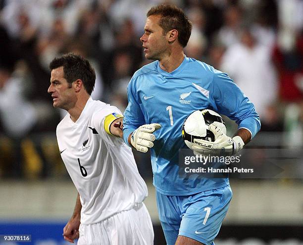 Ryan Nelsen congratulates Mark Paston of the All Whites after he saved a penalty goal during the FIFA World Cup Asian Qualifying match between New...
