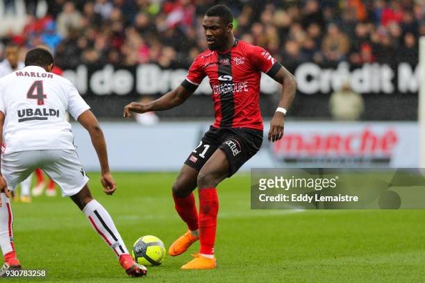 Marcus Thuram of Guingamp during the Ligue 1 match between EA Guingamp and OGC Nice at Stade du Roudourou on March 11, 2018 in Guingamp, .