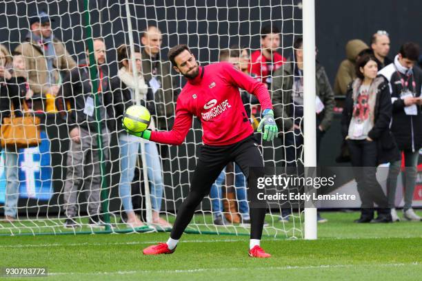 Marc Aurele Caillard, Goalkeeper of Guingamp during the Ligue 1 match between EA Guingamp and OGC Nice at Stade du Roudourou on March 11, 2018 in...