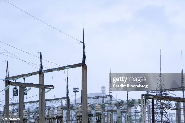 An electricity substation operates near the destroyed nuclear reactor in Chernobyl, Ukraine, on Wednesday, Feb. 28, 2018. Solar Chernobyl SPP, a...