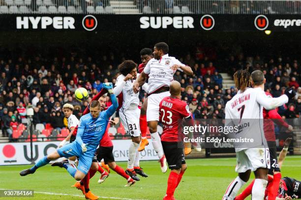 Karl Johan Jonhsson, Goalkeeper of Guingamp and Dante of Nice during the Ligue 1 match between EA Guingamp and OGC Nice at Stade du Roudourou on...