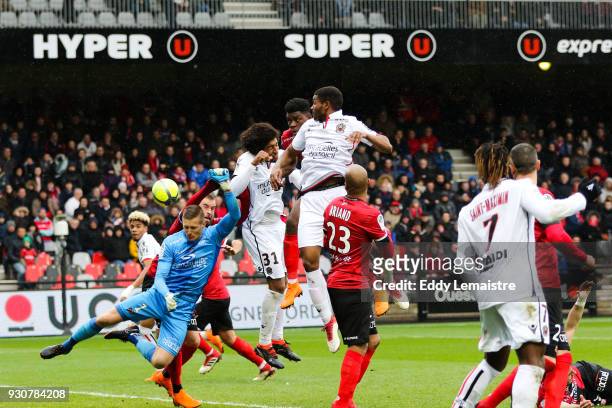 Karl Johan Jonhsson, Goalkeeper of Guingamp and Dante of Nice during the Ligue 1 match between EA Guingamp and OGC Nice at Stade du Roudourou on...