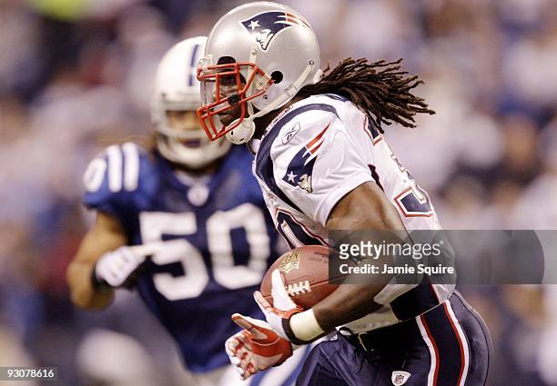 Laurence Maroney of the New England Patriots runs with the ball during the game against the Indianapolis Colts at Lucas Oil Stadium on November 15,...