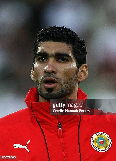 Mohamed Ahmed Salmeen of Bahrain sings the national anthem before the FIFA World Cup Asian Qualifying match between New Zealand and Bahrain at...