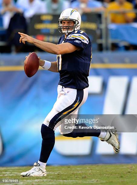 Phillip Rivers quarterback of the San Diego Chargers directs his teammates against the Philadelphia Eagles during the NFL football game at Qualcomm...