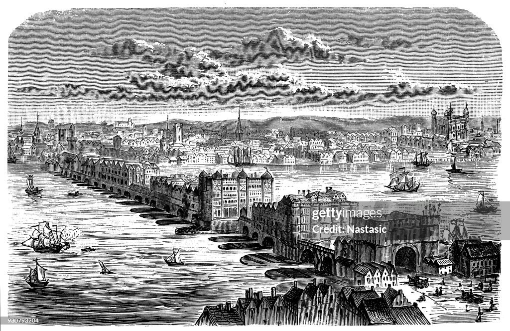 The old London bridge at the time of Charles II