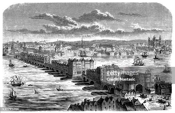 the old london bridge at the time of charles ii - 17th century style stock illustrations